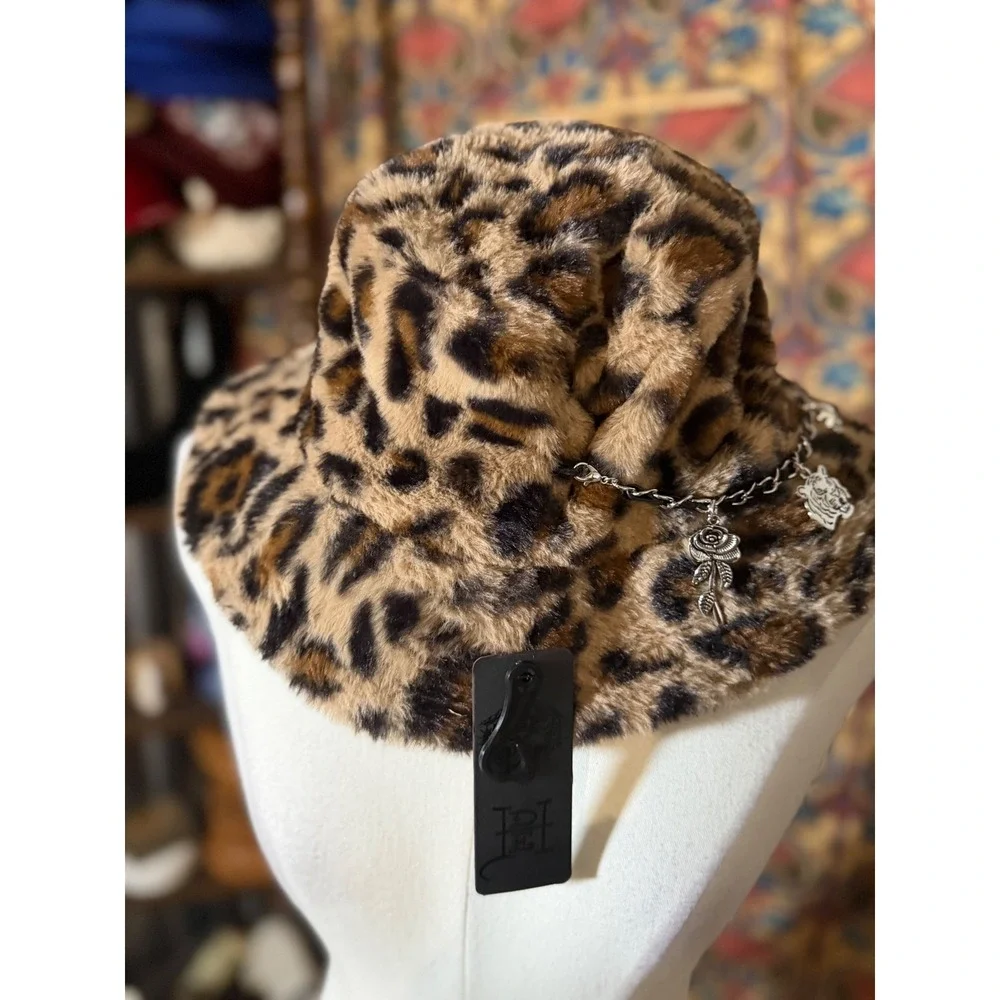 Ed Hardy Leopard Faux Fur Bucket Hat Red Heart Charm Chain Accent‎